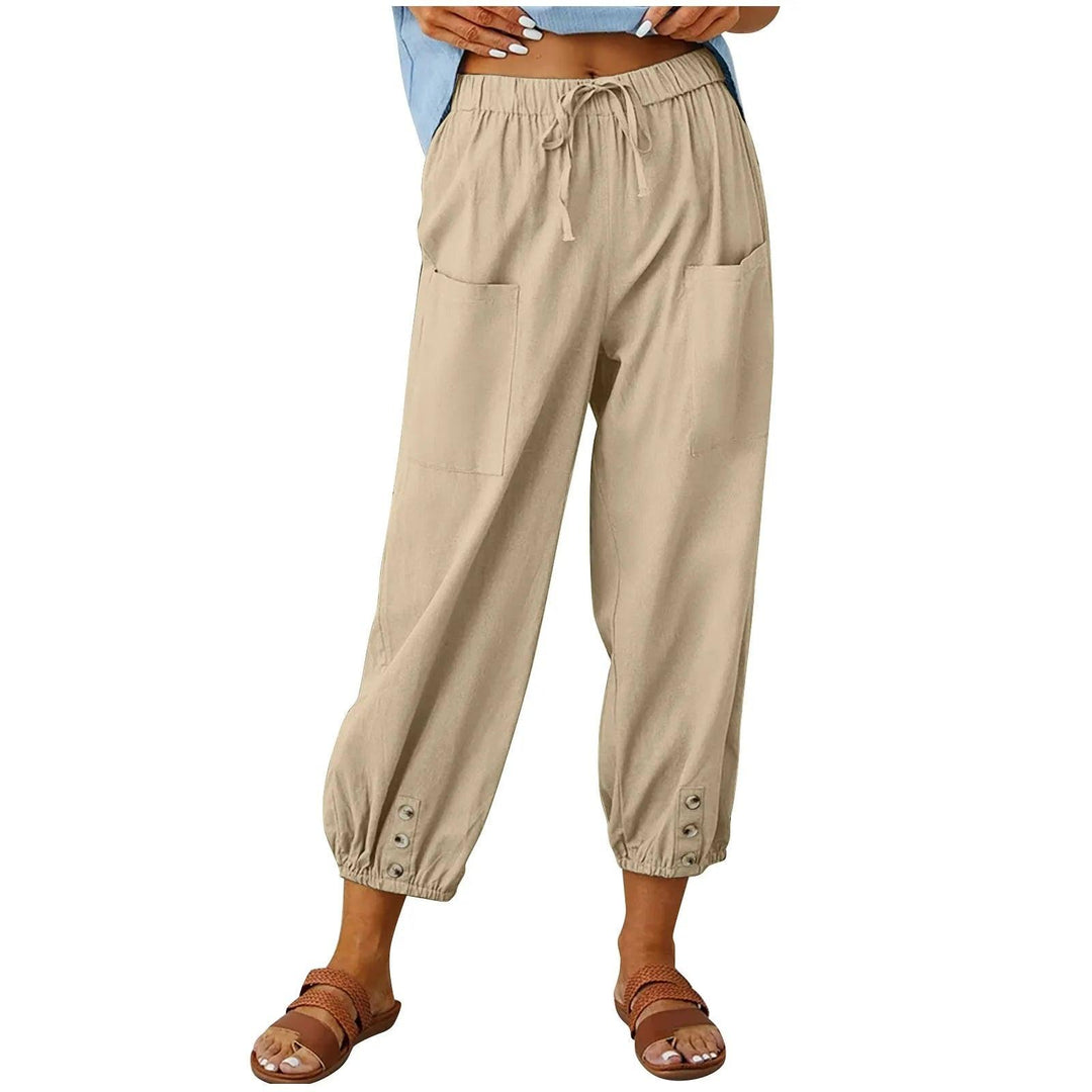 Light summer linen trousers with drawstring & wide cut – Mira-Khaki-S-State of Style