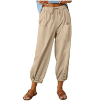 Light summer linen trousers with drawstring & wide cut – Mira-Khaki-S-State of Style
