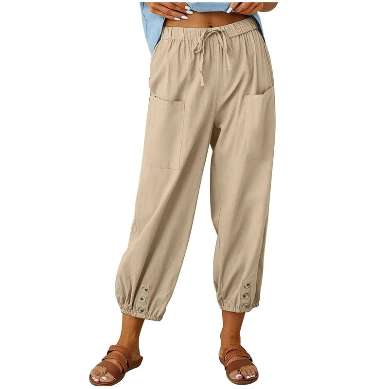 Light summer linen trousers with drawstring & wide cut – Mira-Khaki-S-State of Style