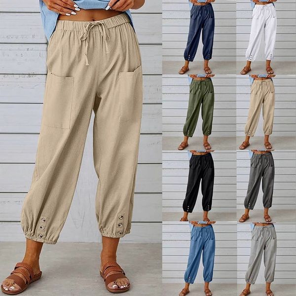 Light summer linen trousers with drawstring & wide cut – Mira-Khaki-S-State of Style