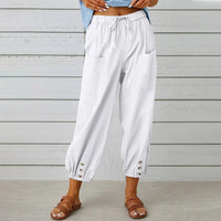 Light summer linen trousers with drawstring & wide cut – Mira-White-S-State of Style
