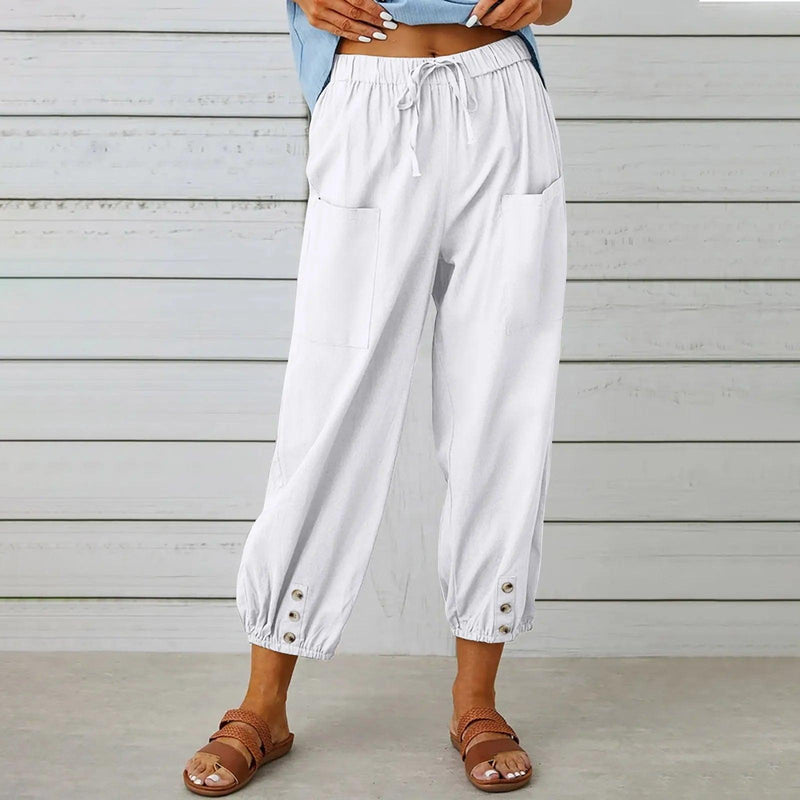 Light summer linen trousers with drawstring & wide cut – Mira-White-S-State of Style