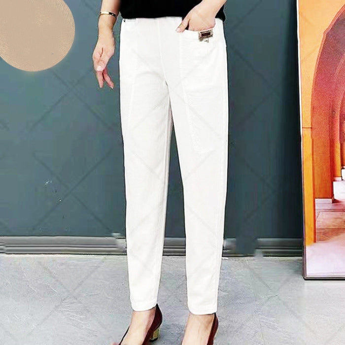 Light summer trousers made of cotton with stretch waistband – Linnea-White-M-State of Style