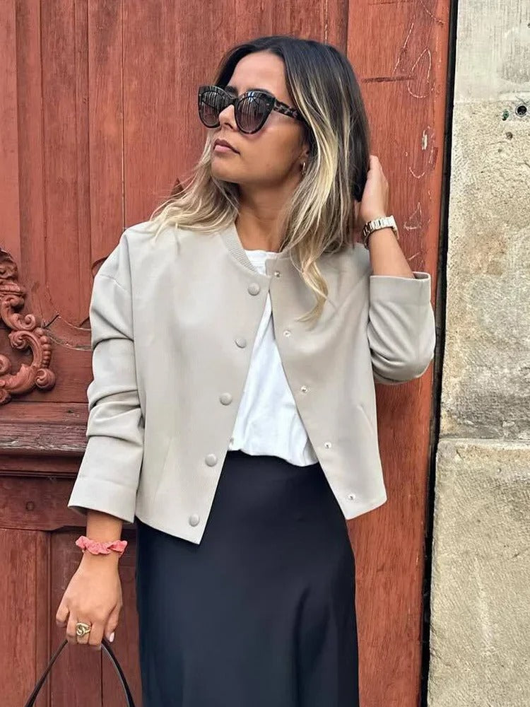 Light women's bomber jacket for summer – Casual chic with stand-up collar-Beige-S-State of Style