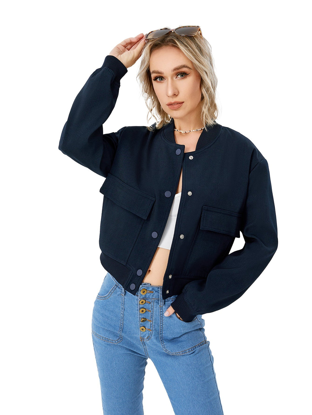 Light women's bomber jacket with button closure – Mira-Dark blue-S-State of Style