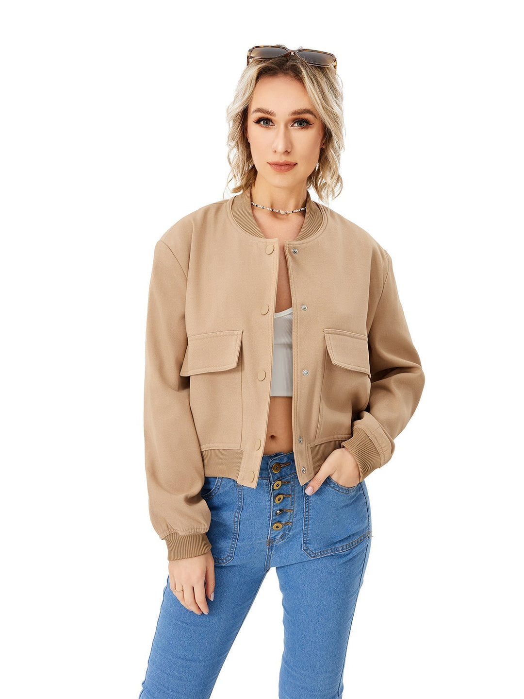 Light women's bomber jacket with button closure – Mira-Khaki-S-State of Style