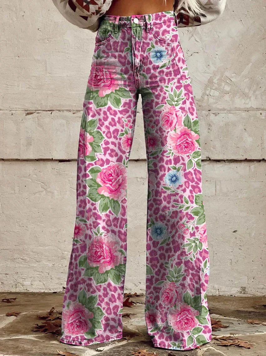 Lightweight Long Ladies Trousers - Lina-Pink Flowers-S-State of Style