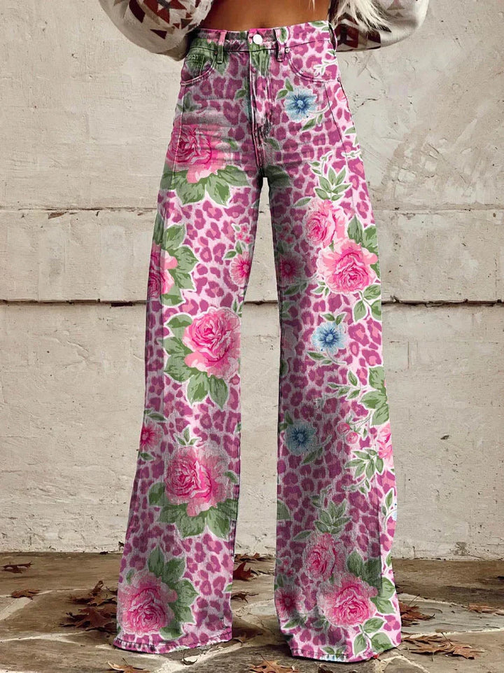 Lightweight Long Ladies Trousers - Lina-Pink Flowers-S-State of Style