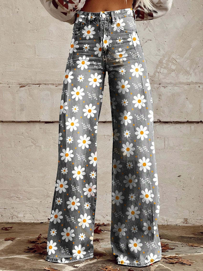 Lightweight Long Ladies Trousers - Lina-White Flowers-S-State of Style