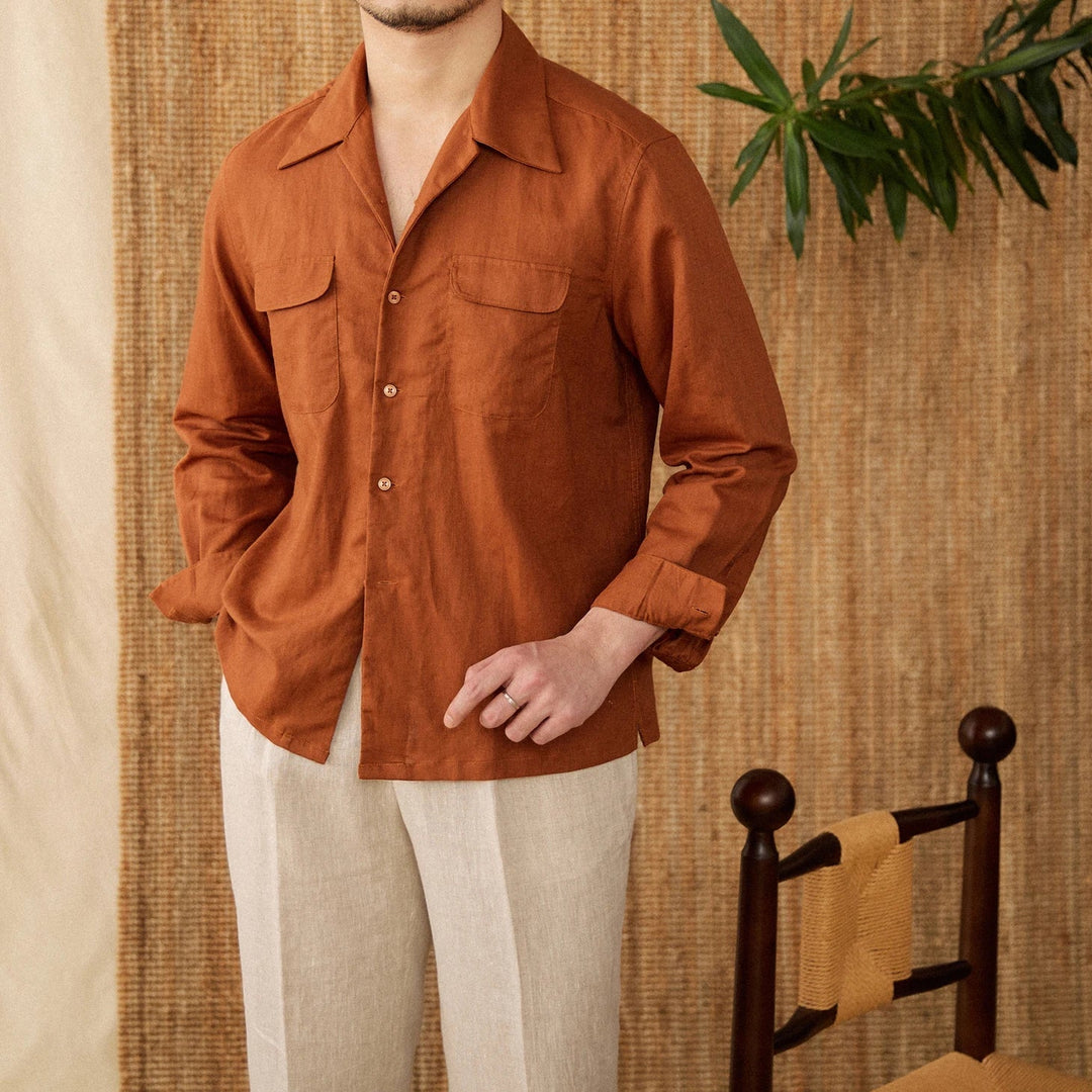 Lightweight men's shirt made of linen with Cuban collar and long sleeves – Mateo-Braun-S-State of Style