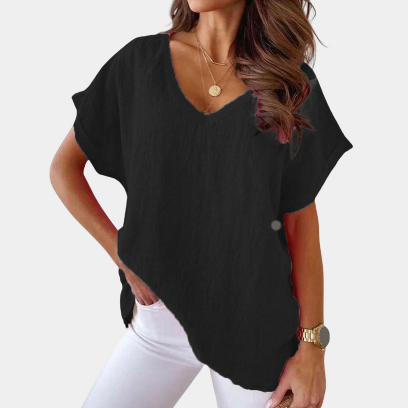 Lightweight V-neck linen blouse with a loose fit – Mailin-Black-S-State of Style