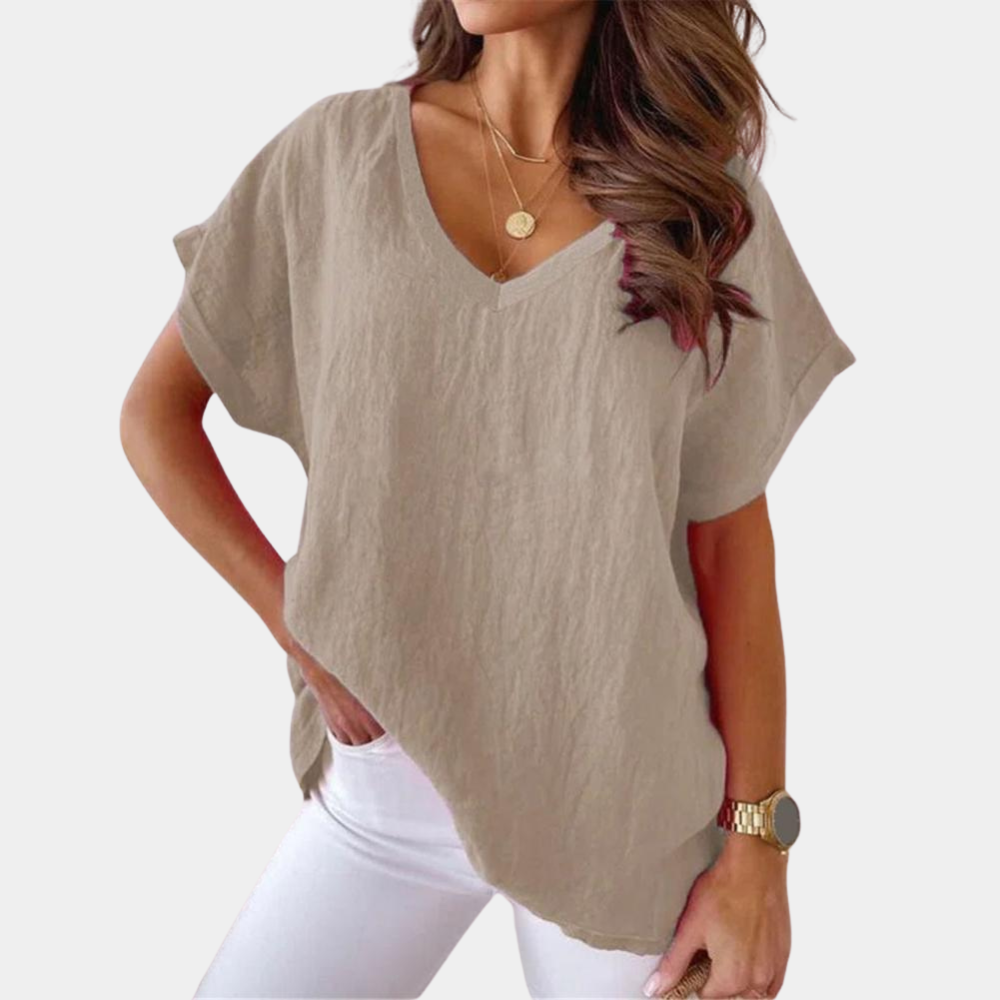 Lightweight V-neck linen blouse with a loose fit – Mailin-Khaki-S-State of Style