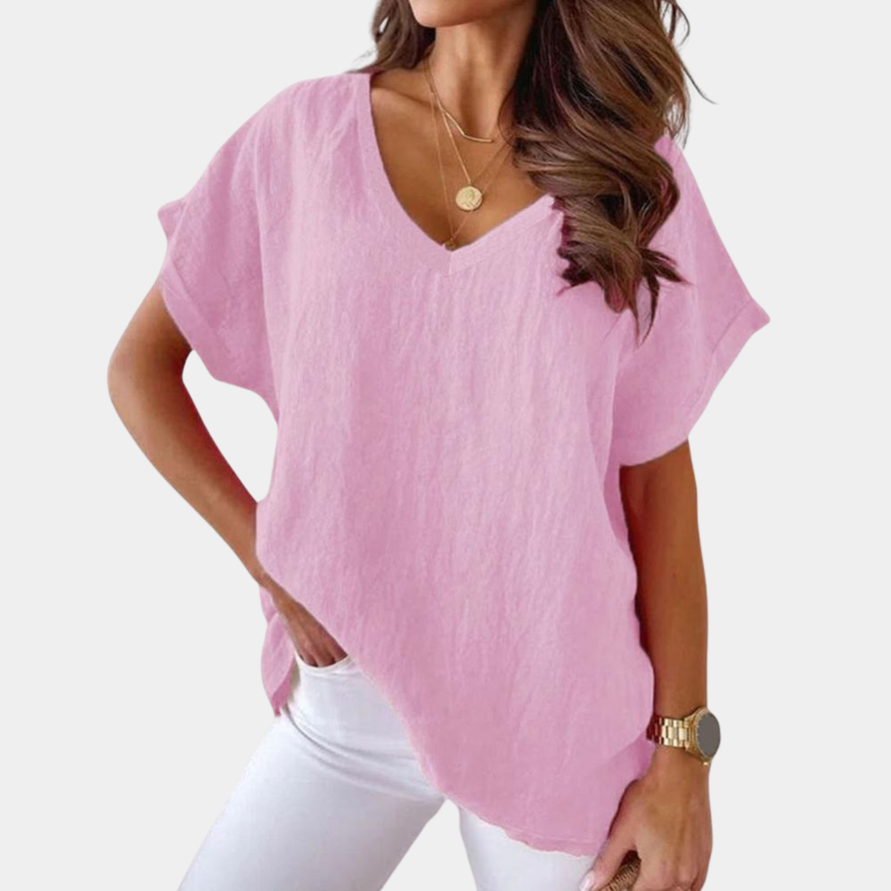Lightweight V-neck linen blouse with a loose fit – Mailin-Light pink-S-State of Style