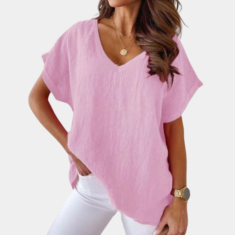 Lightweight V-neck linen blouse with a loose fit – Mailin-Light pink-S-State of Style