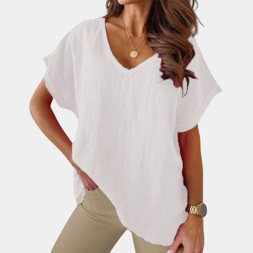 Lightweight V-neck linen blouse with a loose fit – Mailin-White-S-State of Style