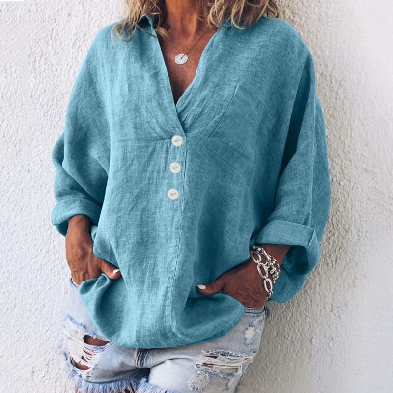 Lightweight women's linen blouse with button placket and V-neck – Elodie-Blue-S-State of Style