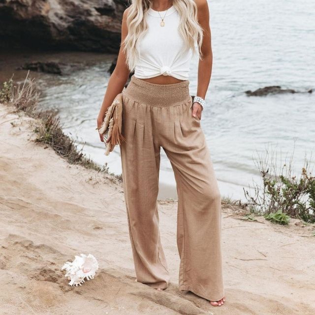 Lightweight women's linen trousers with wide leg – Liv-Beige-S-State of Style