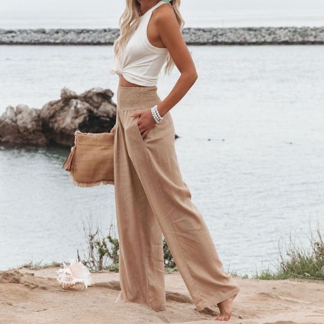 Lightweight women's linen trousers with wide leg – Liv-White-S-State of Style