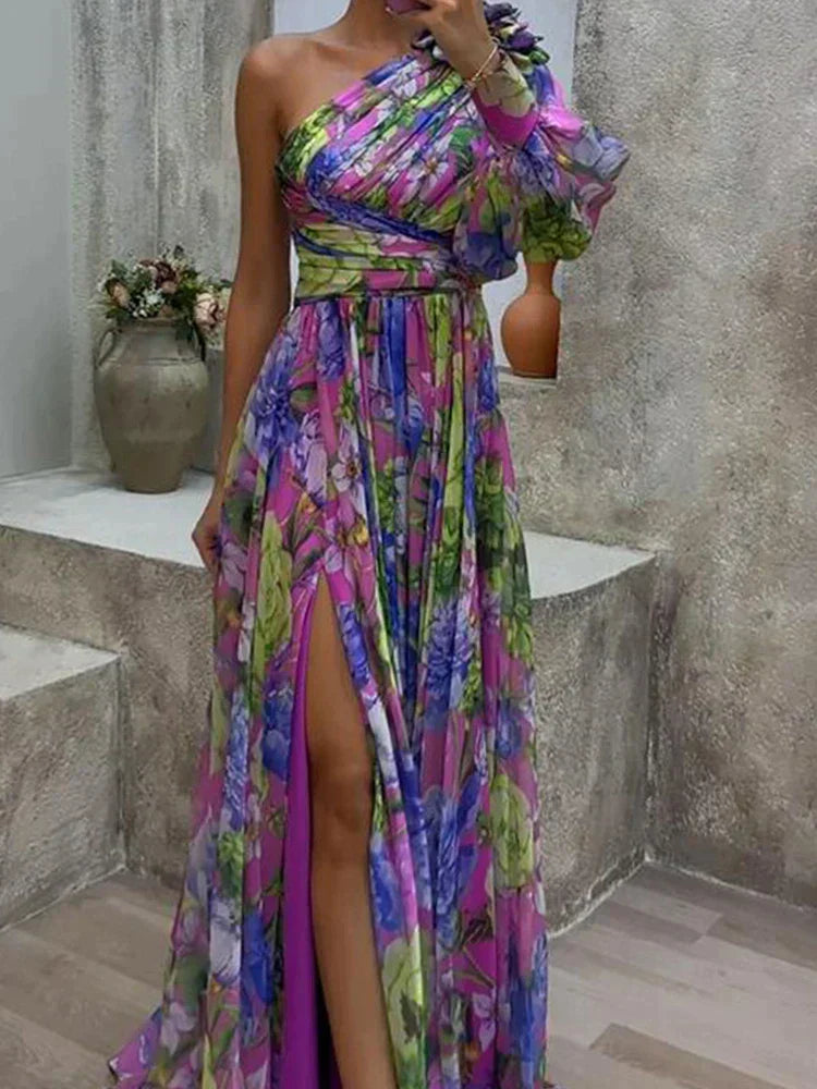 Lilac Maxi Dress with Print and Side Split, One Sleeve - Viola-S-State of Style