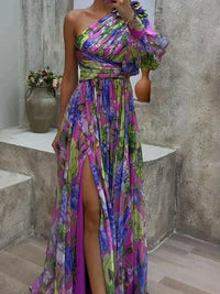 Lilac Maxi Dress with Print and Side Split, One Sleeve - Viola-S-State of Style