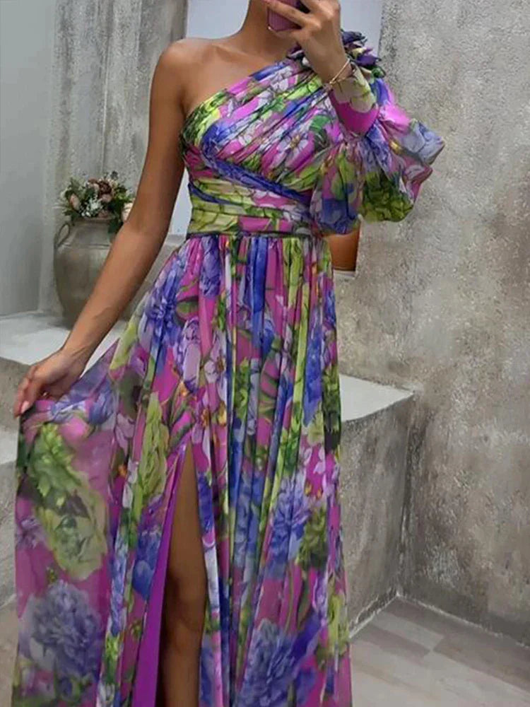 Lilac Maxi Dress with Print and Side Split, One Sleeve - Viola-S-State of Style