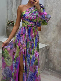 Lilac Maxi Dress with Print and Side Split, One Sleeve - Viola-S-State of Style