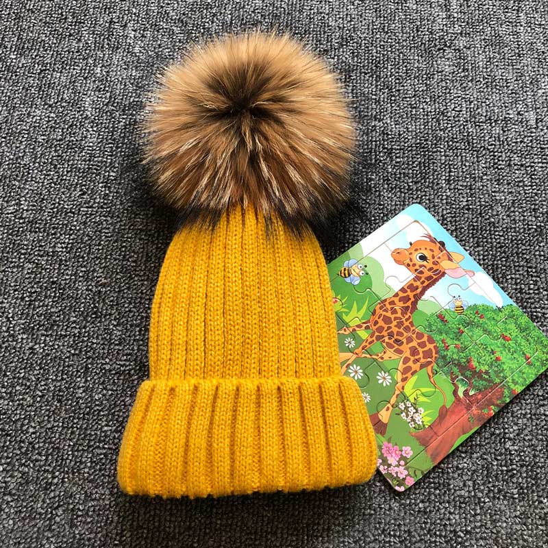 LimasHat | Knitted Women's Hat | Warm Winter Beanie-Yellow with fur-Children's size-State of Style