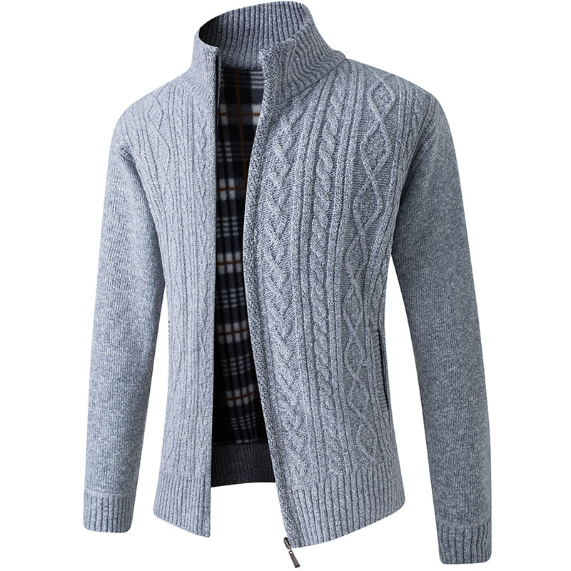 Lined Knitted Zip-Up Jacket for Men - Victor-Patterned Light Grey-M-State of Style