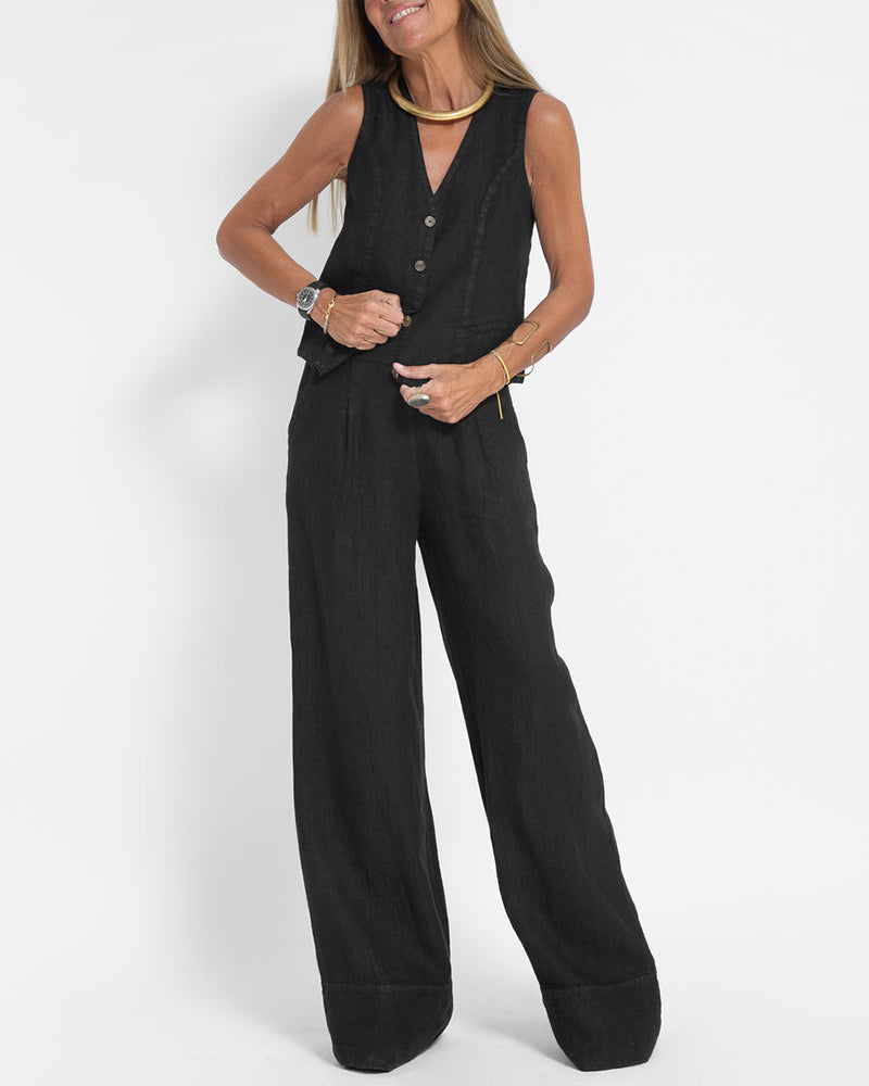 Linen 2-Piece Set with Wide Trousers and Jacket – Alma-Black-S-State of Style