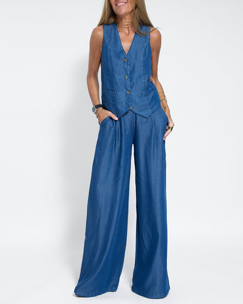 Linen 2-Piece Set with Wide Trousers and Jacket – Alma-Blue-S-State of Style