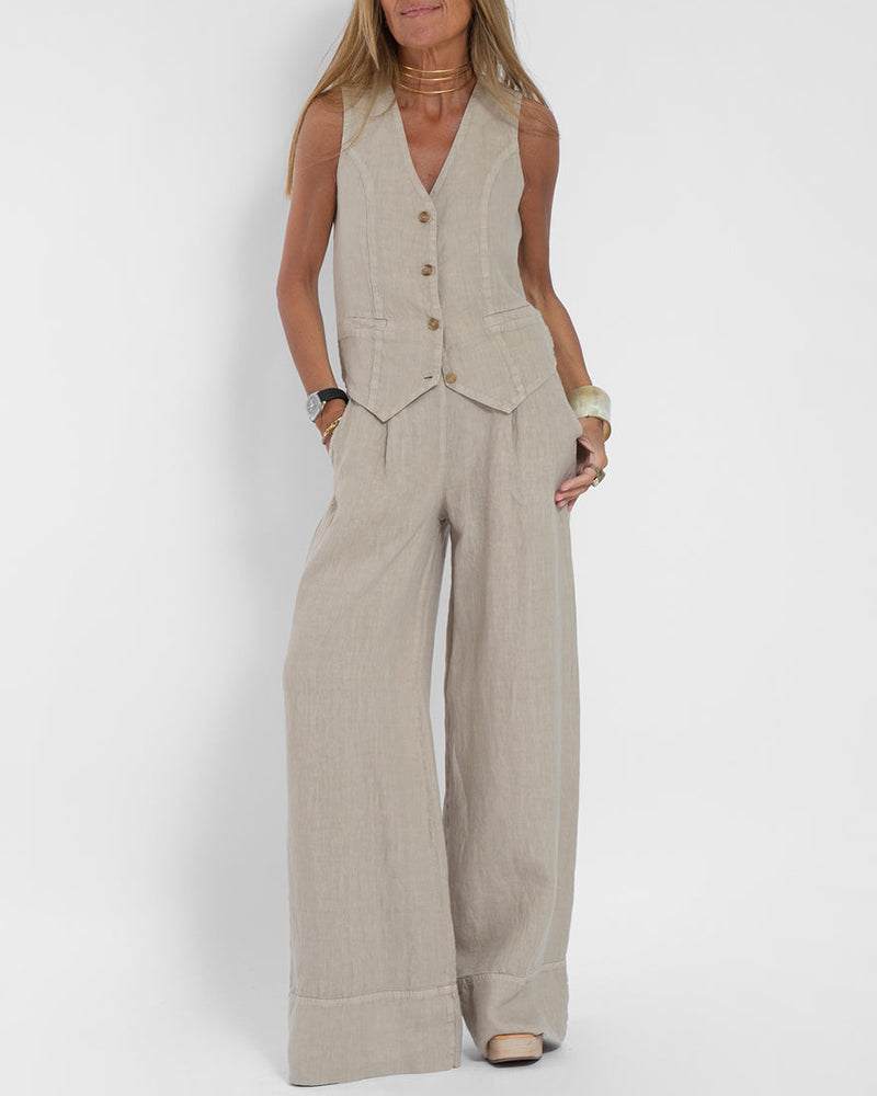 Linen 2-Piece Set with Wide Trousers and Jacket – Alma-Grey-S-State of Style