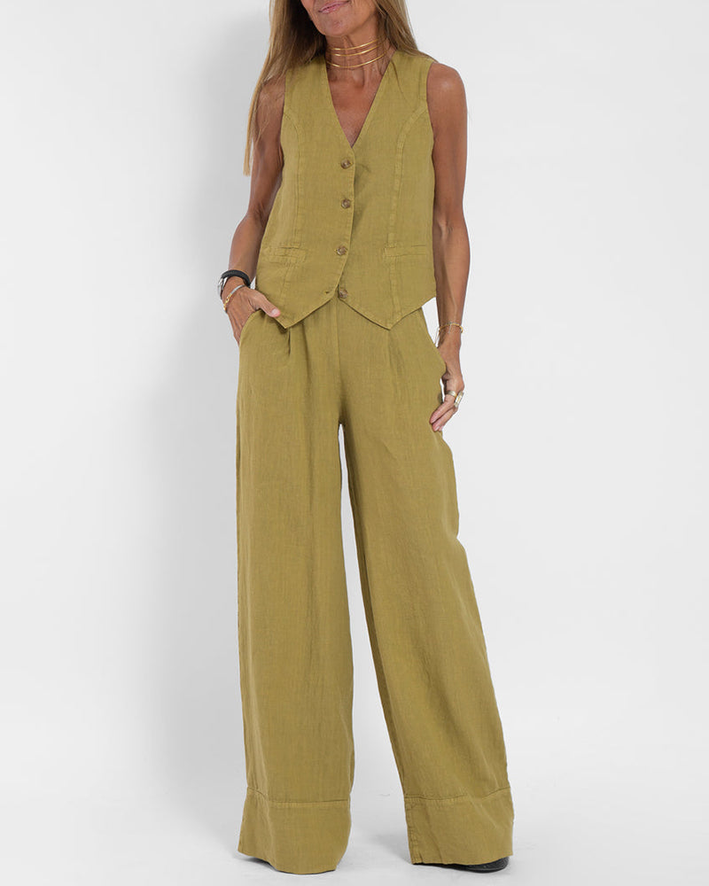 Linen 2-Piece Set with Wide Trousers and Jacket – Alma-Yellow-S-State of Style