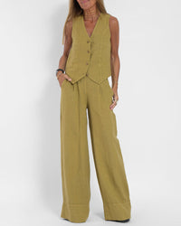 Linen 2-Piece Set with Wide Trousers and Jacket – Alma-Yellow-S-State of Style