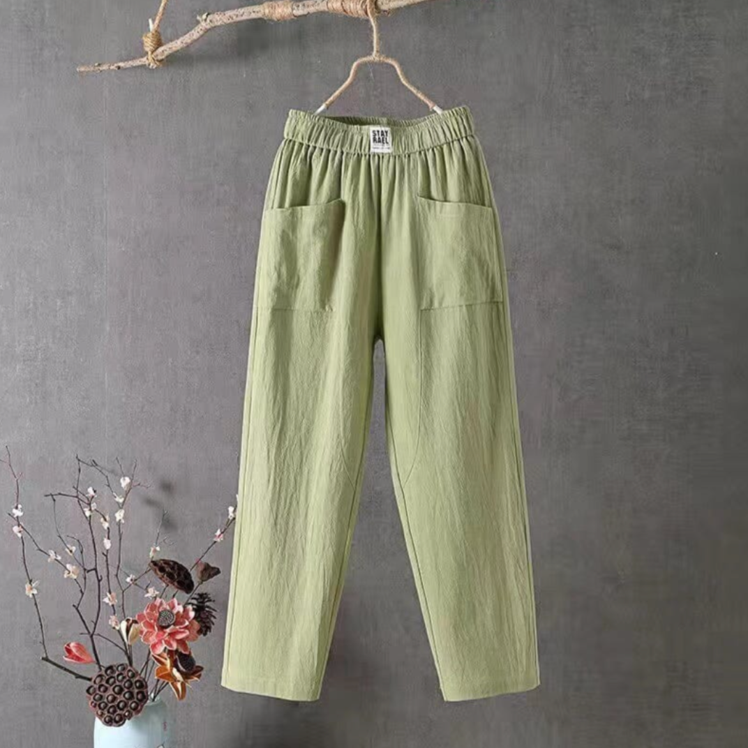 Linen Pants with Elastic Waist - Livia-Green-S-State of Style