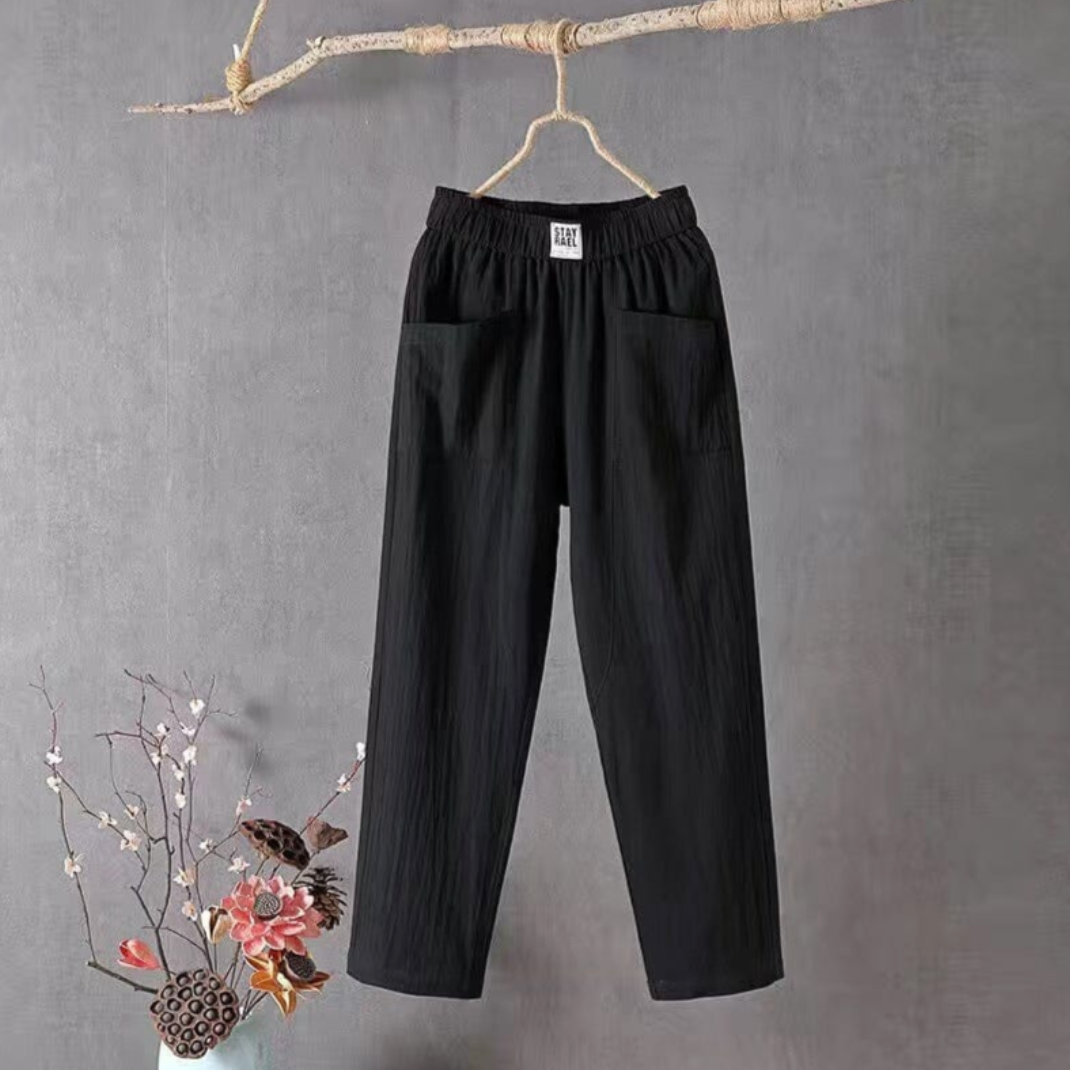 Linen Trousers with Elastic Waist - Livia-Black-S-State of Style