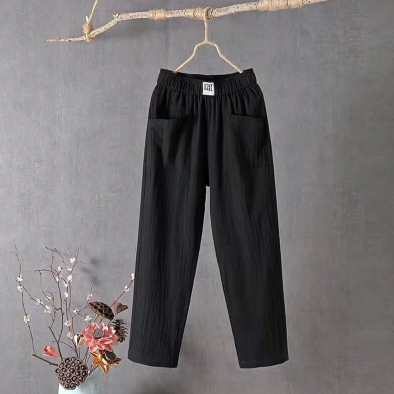 Linen Trousers with Elastic Waist - Livia-Black-S-State of Style