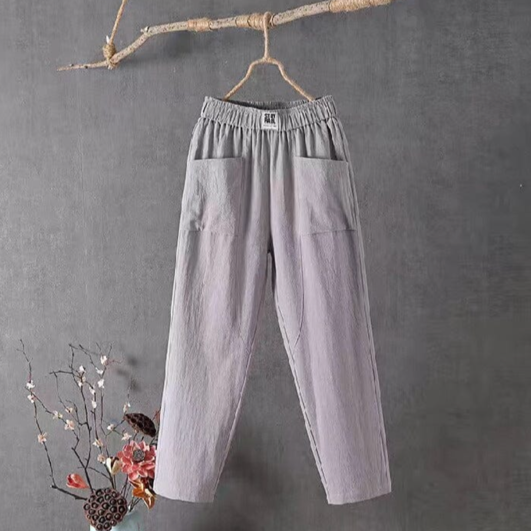 Linen Trousers with Elastic Waist - Livia-Grey-S-State of Style