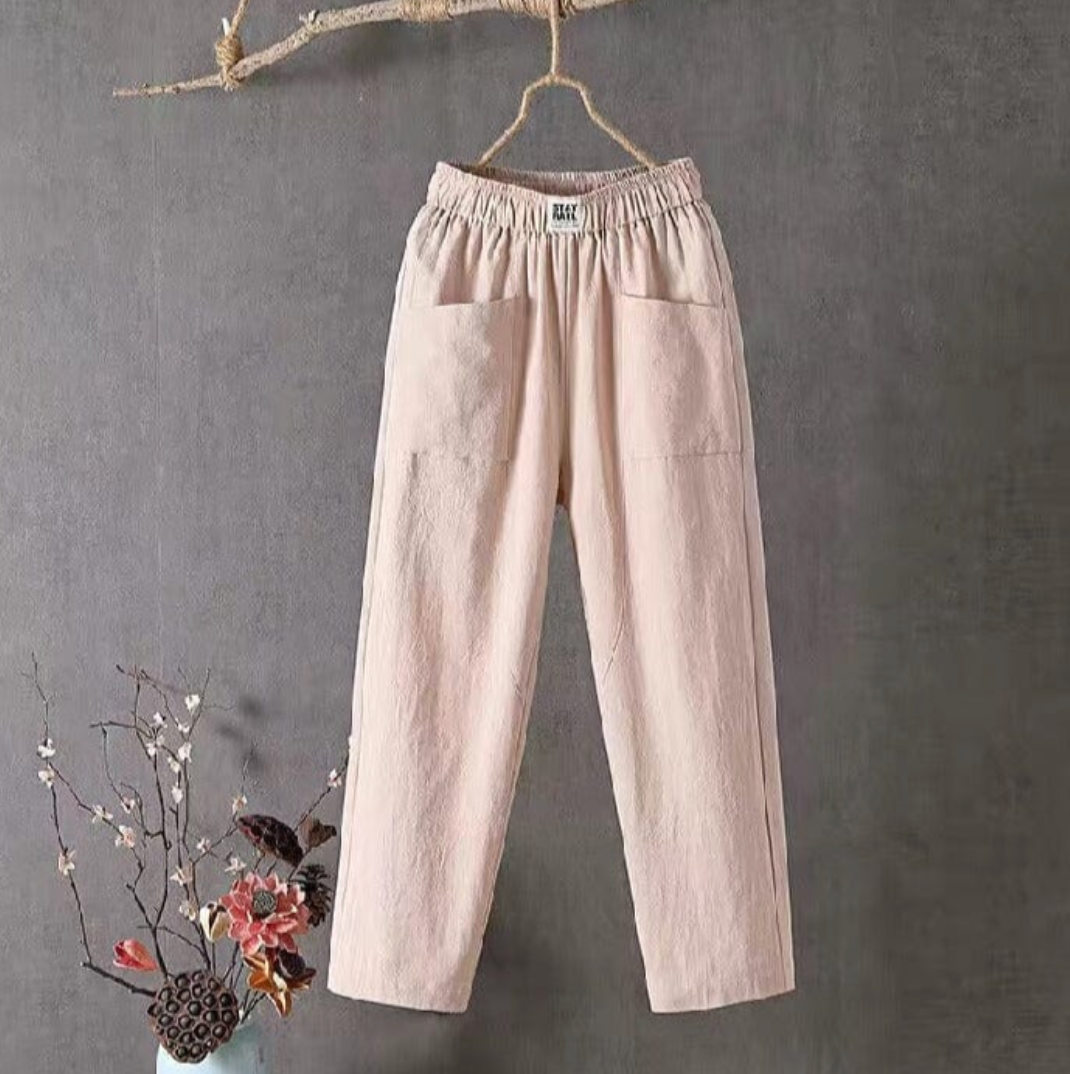 Linen Trousers with Elastic Waist - Livia-Pink-S-State of Style