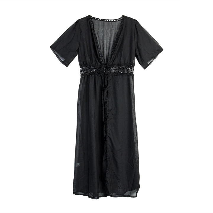 Long Beach Dress with Lace Detail and Bow Closure – Elara-Black-XS-State of Style
