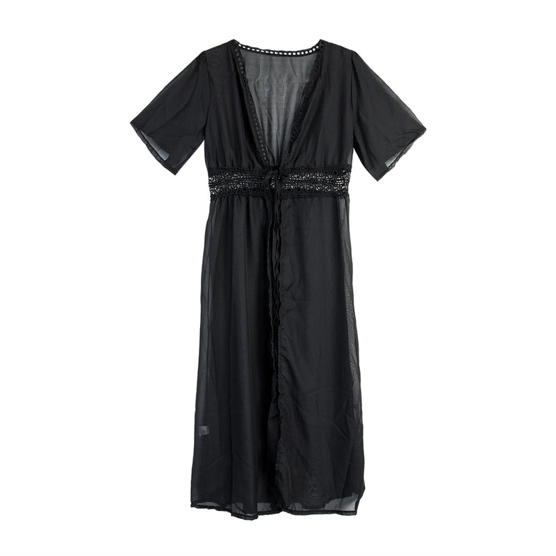 Long Beach Dress with Lace Detail and Bow Closure – Elara-Black-XS-State of Style