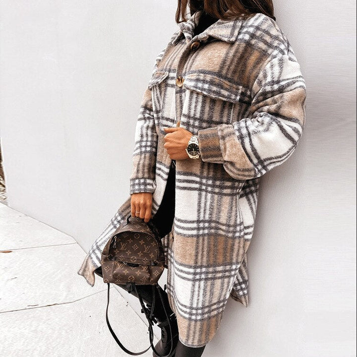 Long Comfortable Checked Coat for Women - Vivian-Khaki-S-State of Style