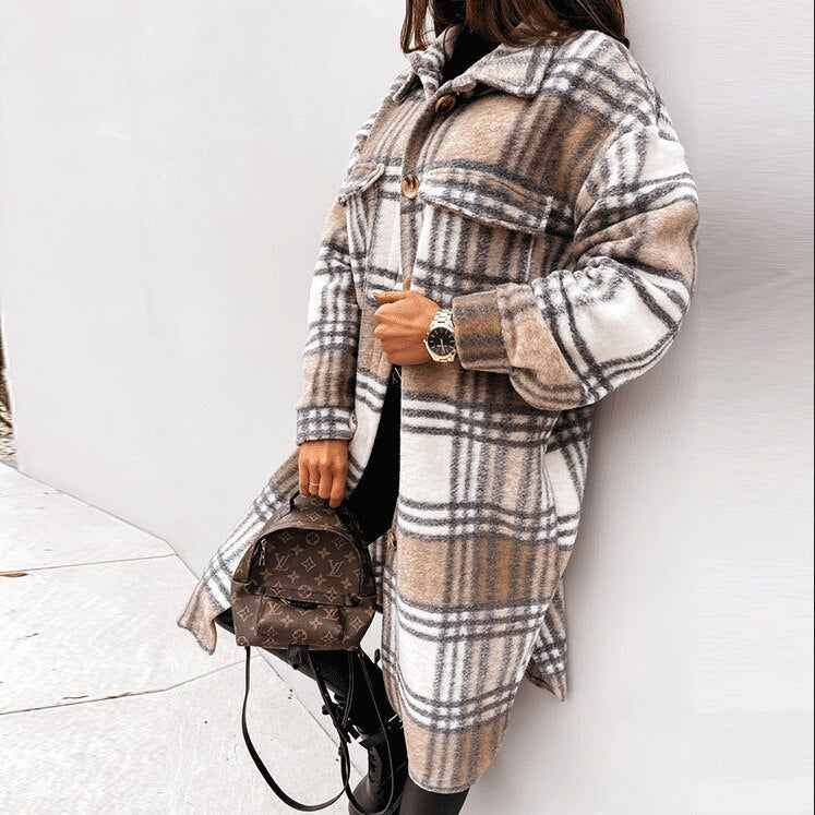Long Comfortable Checked Coat for Women - Vivian-Khaki-S-State of Style