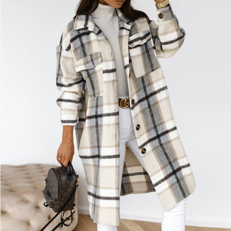 Long Comfortable Checked Coat for Women - Vivian-White Grey-S-State of Style
