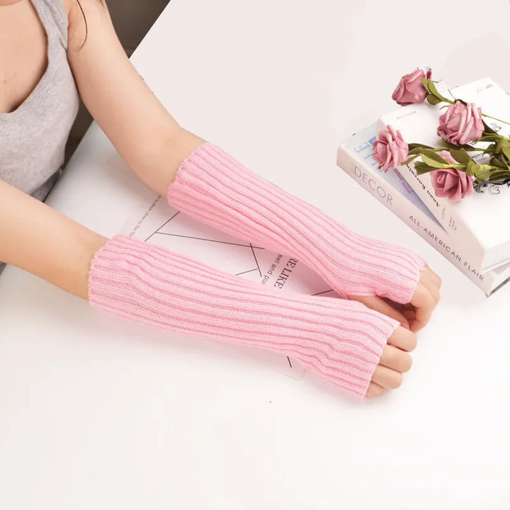 Long Fingerless Knitted Gloves - FlexiWarm-Pink-1-State of Style