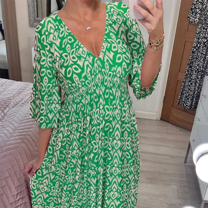 Long Floral Dress with V-neck – Liora-S-Green-State of Style