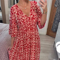Long Floral Dress with V-neck – Liora-S-Red-State of Style