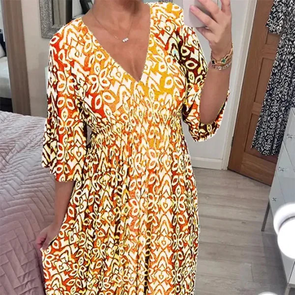 Long Floral Dress with V-neck – Liora-S-Yellow-State of Style
