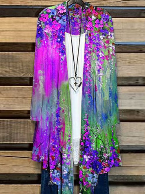 Long Ladies Cardigan with Floral Print – Liva-Purple-S-State of Style