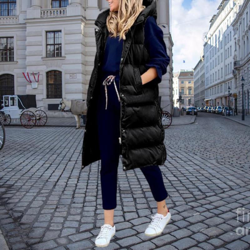 Long Padded Gilet with Hood and Pockets - Taylor-Black-S-State of Style