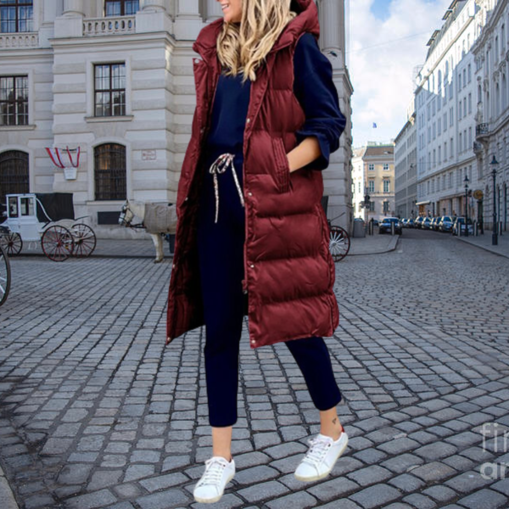Long Padded Gilet with Hood and Pockets - Taylor-Bordeaux-S-State of Style